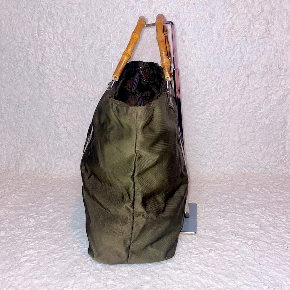 Gucci Vintage Bamboo Handle Nylon Leather Large Shopper Tote Olive Green Brown - Picture 3 of 15